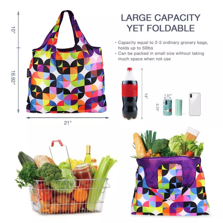 Reusable Fold Away Nylon Shopping Bag High Quality Fold Shopping Trolley Bag with Small Pocket Colorful Fashion Ladies Grocery Bag for Promotion